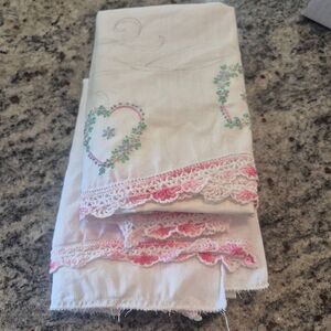 Pillowcases (2), White Cotton, Vintage Pink Variegated Crochet Heart Embroidery